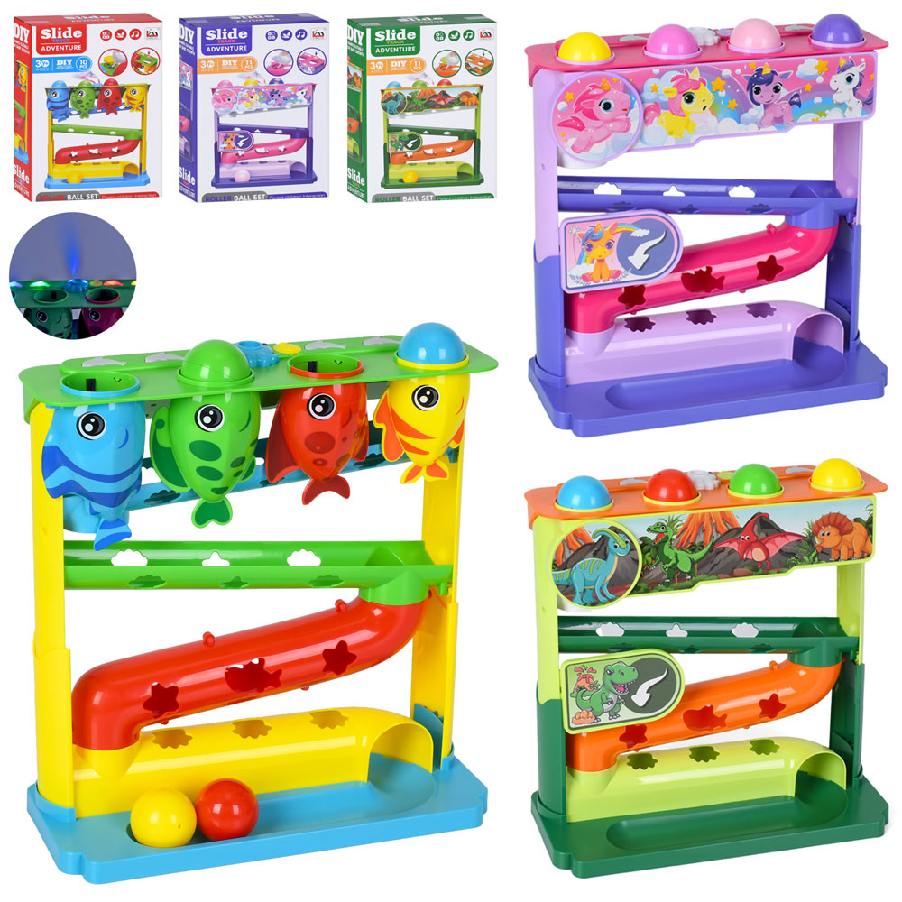 Гра LM9001-2-3 трек, музика,звук(англ),світло,пара/дим,кульки 4шт,3 види (рибки, конячки, динозаври)