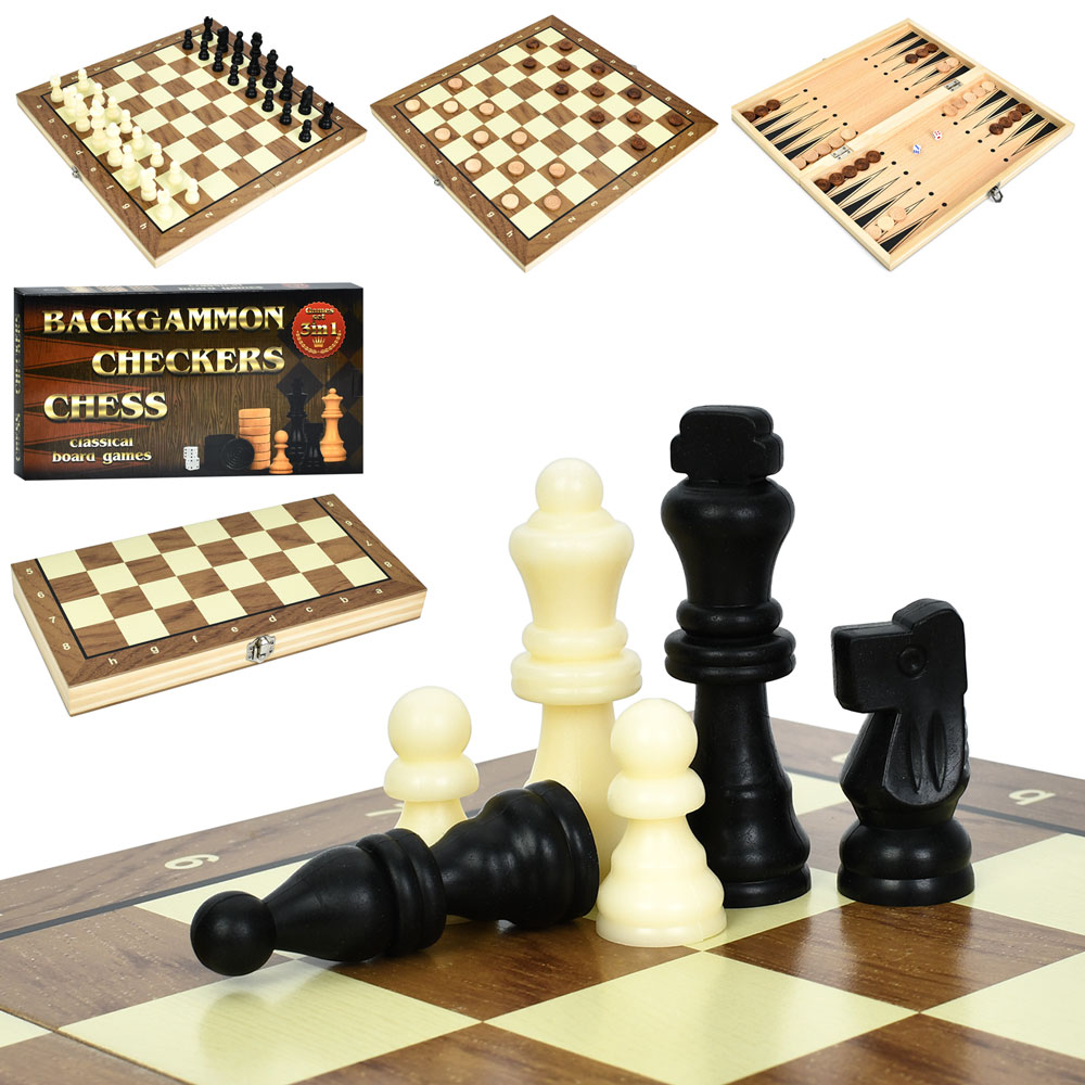 Шахи A0067 дерев'яні, 3в1(нарди, шашки), фігури дерев'яні, кор., 34-18-3.5 см.