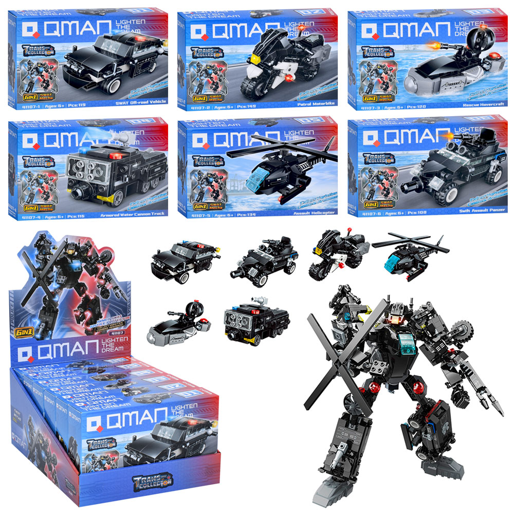 Конструктор Qman 41107 поліція, транспорт, від 108дет.,6видів,кор.,6в1(робот),6шт.в диспл.,23-28-14