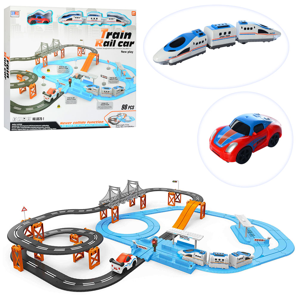 Залізниця 8870-1 локомотив 2шт, вагон, машинка, 717см., 98дет., муз., світло, бат., кор., 64-55-7см.