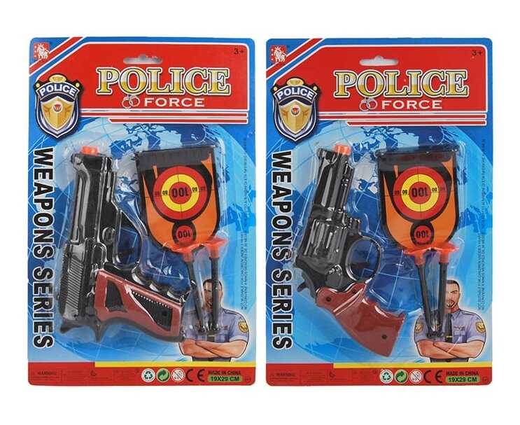 Фотография 1 товарной позиции интернет-магазина детских игрушек www.smarttoys.com.ua Поліцейський набір 2222-22-1 (216/2) 2 види, пістолет, мішень, патрони з присосками, на листі