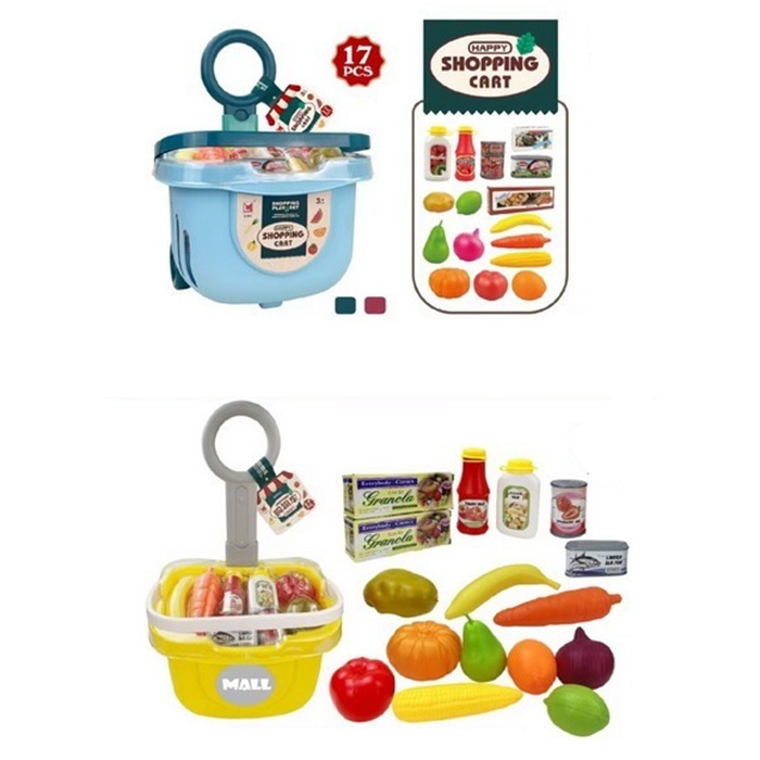Візок 9934 супермаркет, продукти, рухлива ручка, 17 предм., 2 кольори, кришка-бліст., 30-39-19 см.