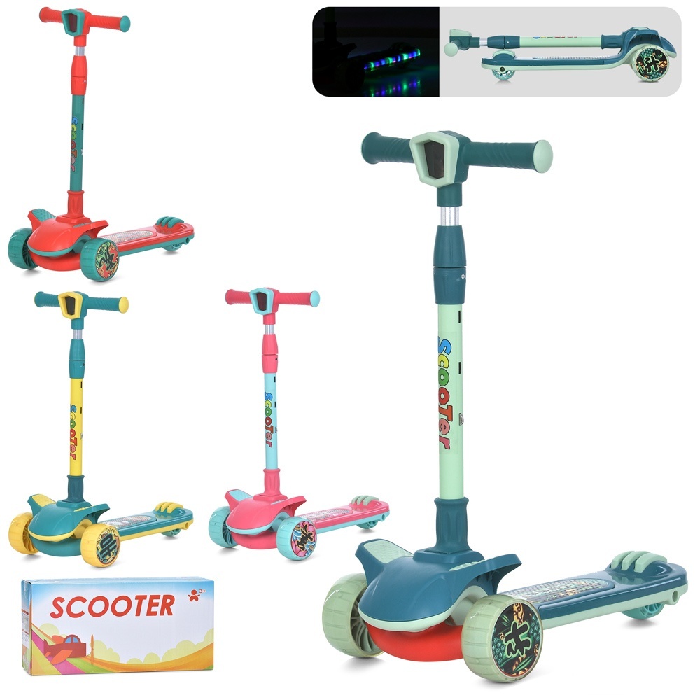 Самокат JR 3-092 Maxi-big,мет.+пласт.,3кол.ПУ,2пер.110мм,задн.75мм,підніжка,4кольори,світло,бат.,кор