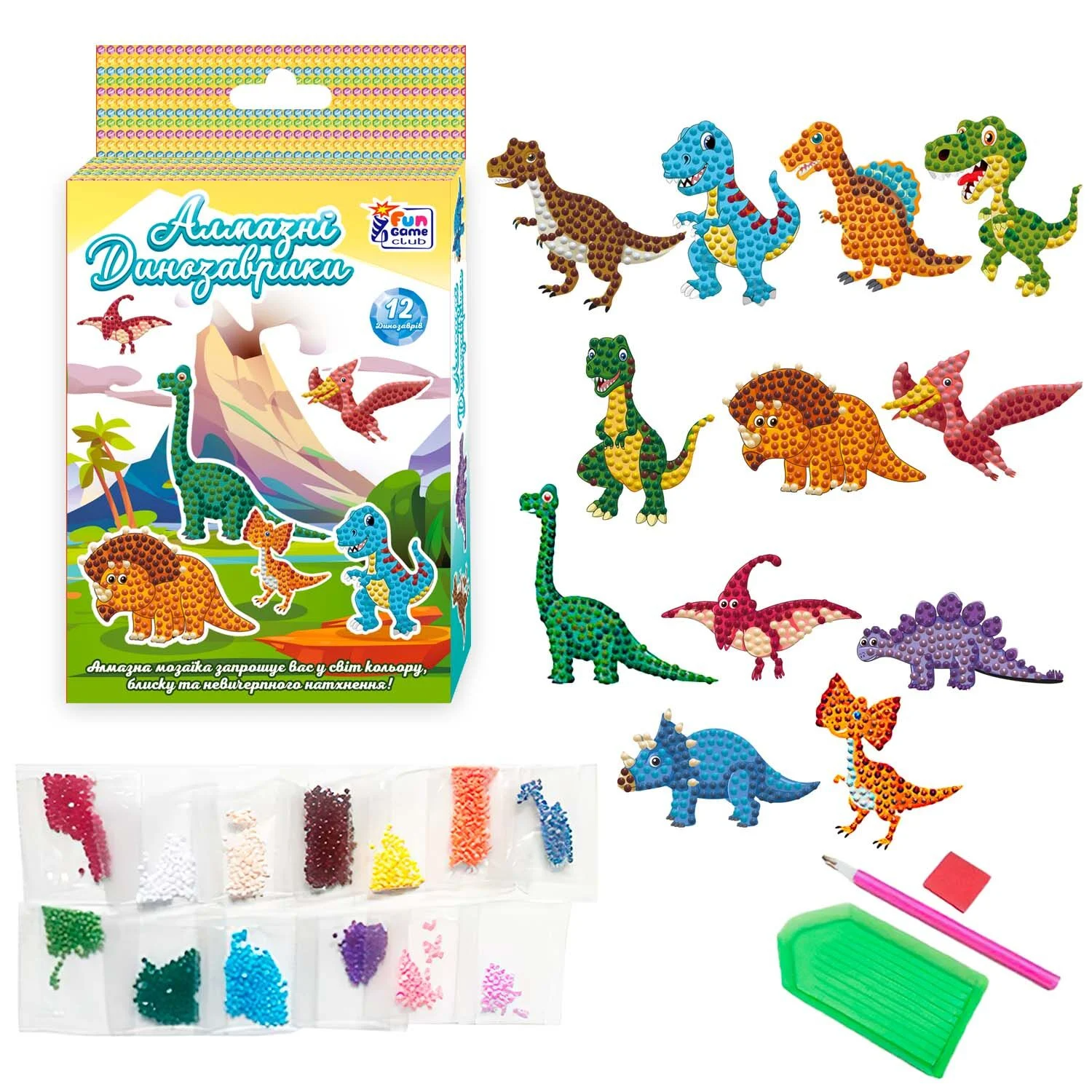 Алмазні стікери "Динозаврики" 10228 (60/2) "4FUN Game Club", наліпки, стилус, силіконовий клей, піддон, алмази, в коробці