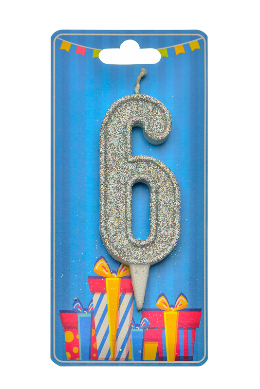 Свічка для торта  "Цифра 6" срібло блиск
