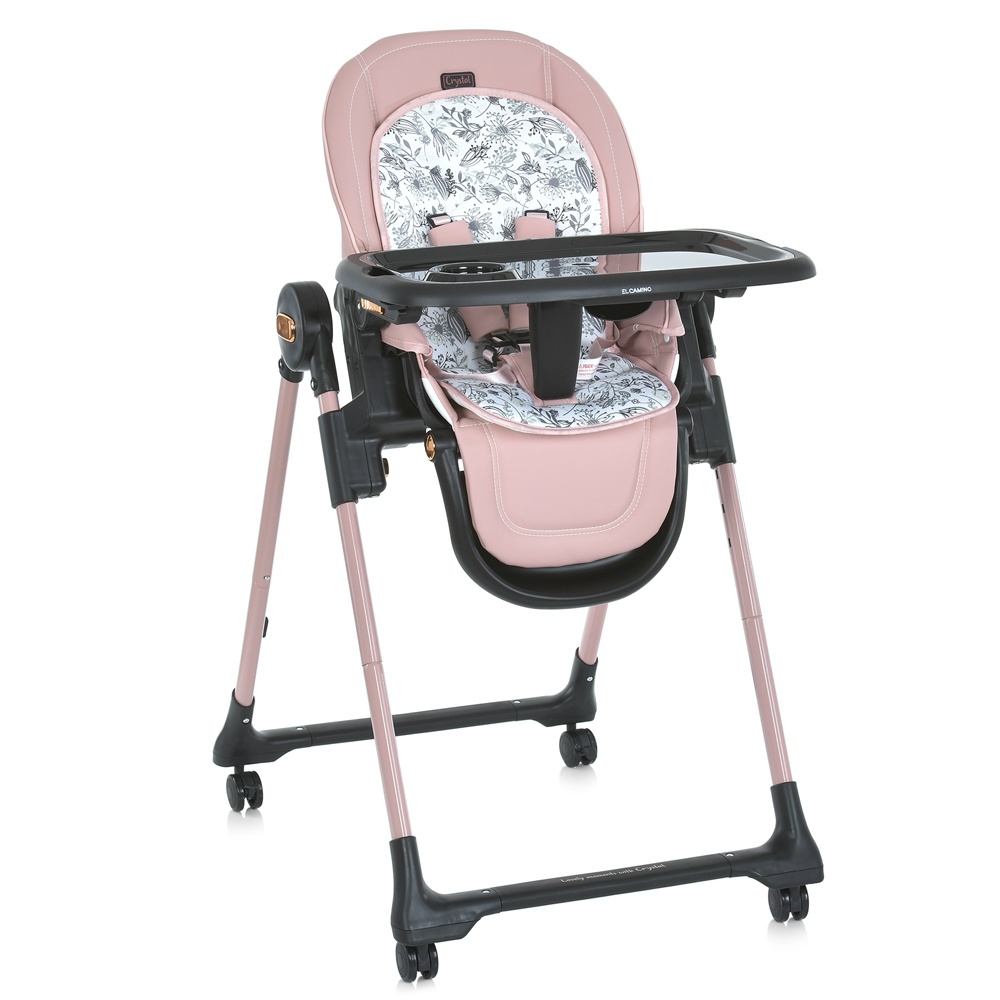 Стільчик ME 1037-B CRYSTAL Rose Gold для годування, 5-точ. ремені, матрац, 4 колеса, шкір., рожевий