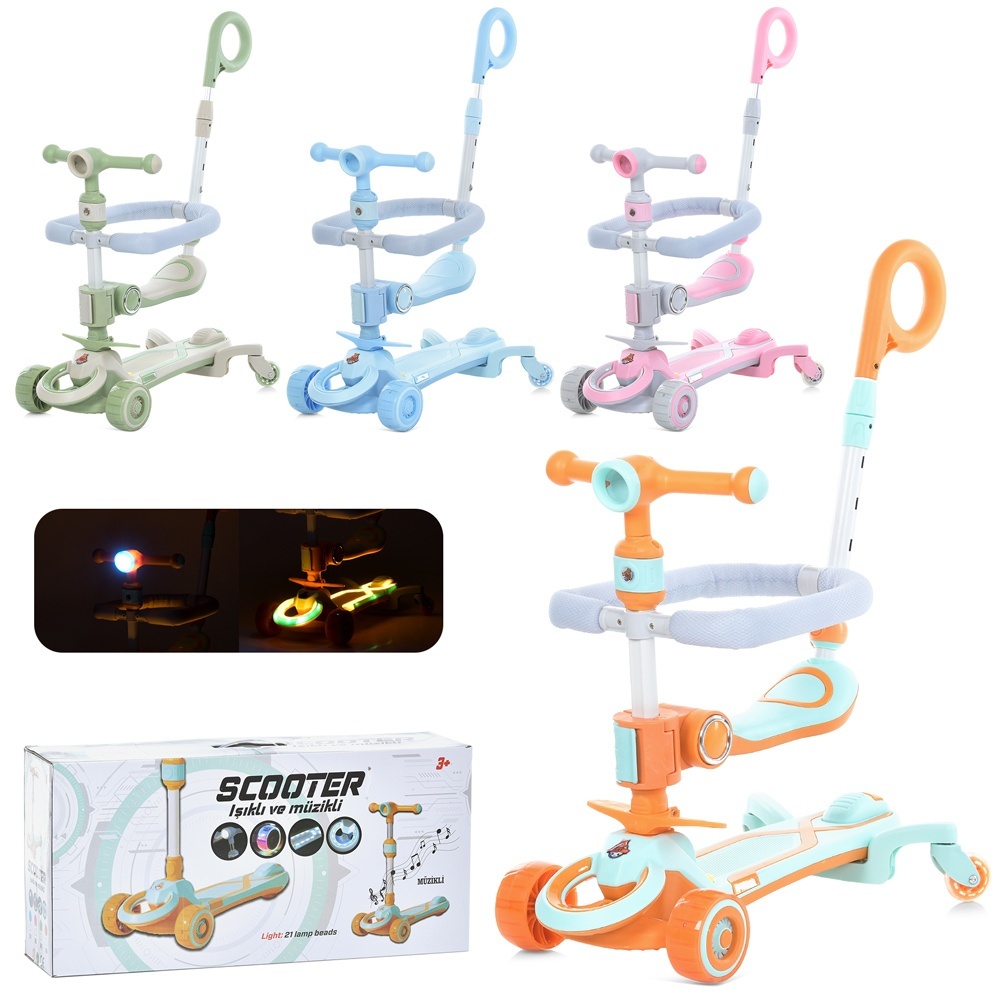 Самокат JR 3-083 MAXI, 5в1(біговел), сталь+пласт., 2пер.ПУ, підніжка, бампер, 4 кольори,муз.,світло.