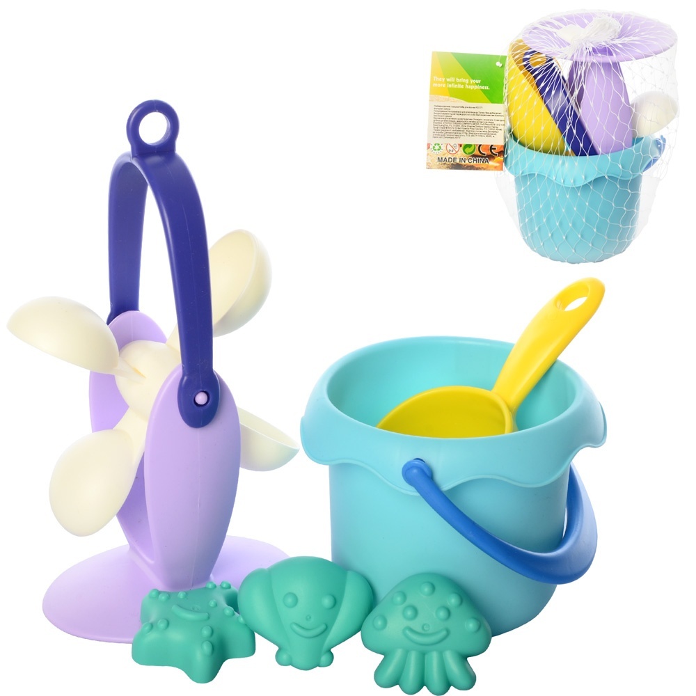 Набір для пісочниці HG-771 відерце, лопатка, млин, формочки, м'який, сітка, 18-13-12 см.