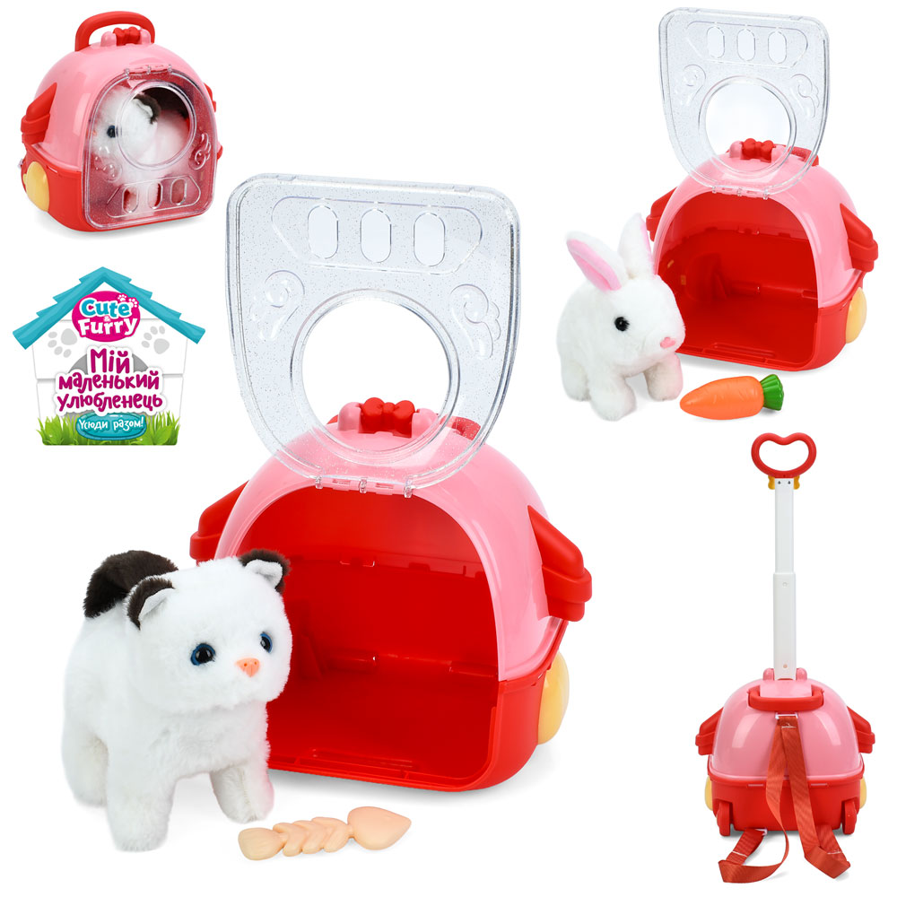 Тварина 777-114A ходить, рух.дет.,плюш,2 види(зайчик,кіт), рюкзак(2 колеса)муз.,бат.,кул.,21-20-17см