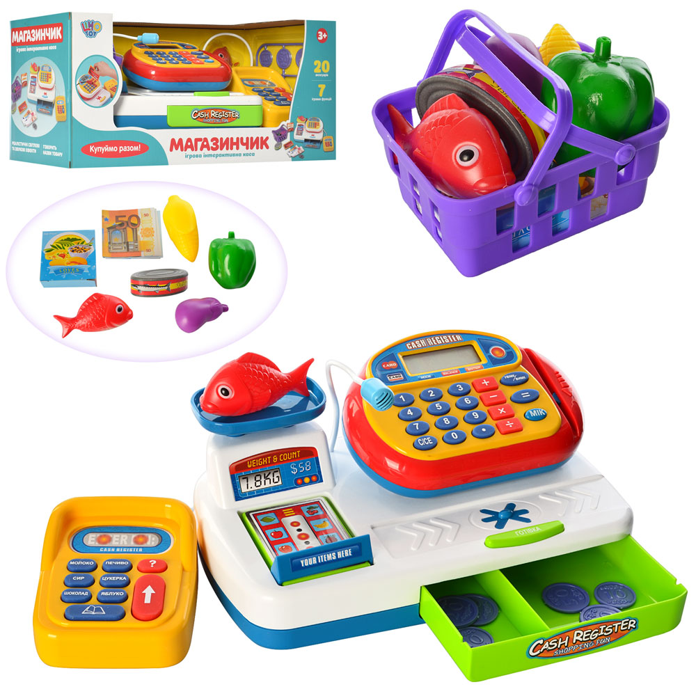 Касовий апарат 7019 UA калькулятор, продукти, монети, муз.(укр.), світло, бат., кор., 43-18-18 см.