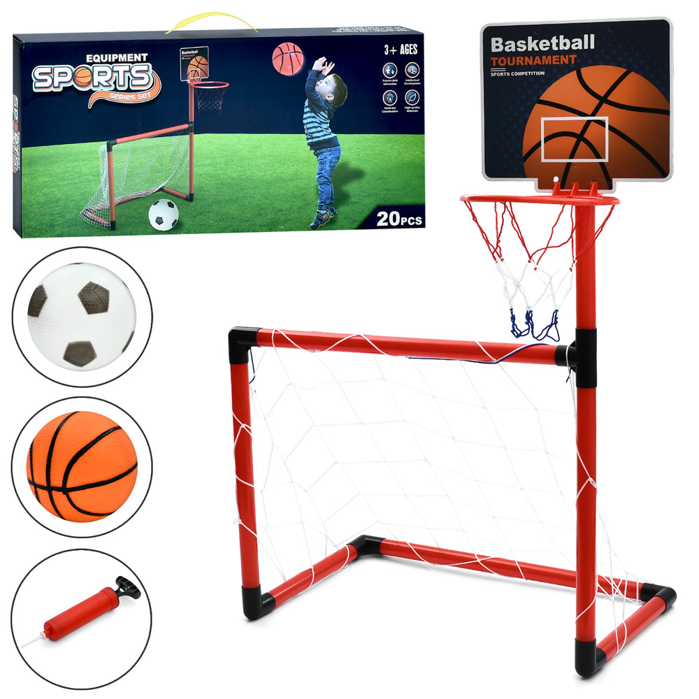 Футбольні ворота MR 1525 2в1(баскет.кільце,пласт.),сітка 2шт.,м'яч 2шт.,насос,20 дет.,кор.,51-23-5см