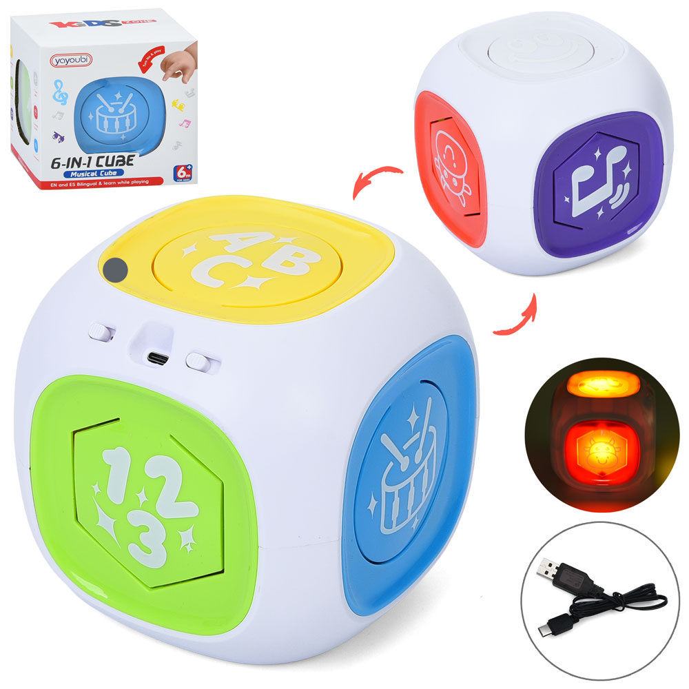 Гра 211 музичний куб, 6в1, навчальний (літери, цифри,муз.),USB,акум.,муз.,світло,кор.,16,5-16-17см.