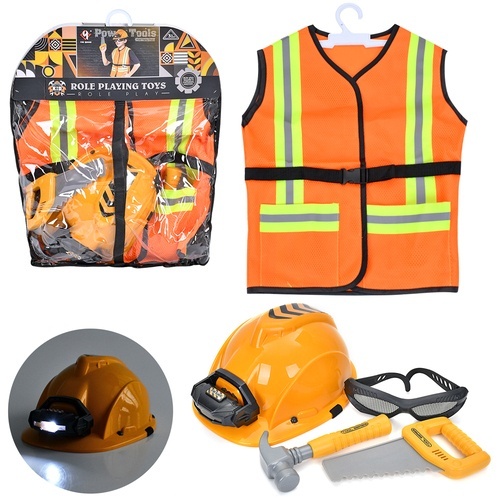 Набір iнструментів T022 жилет, каска, молоток, пила, окуляри, світло, бат. (табл.),кул.,44,5-54-12см