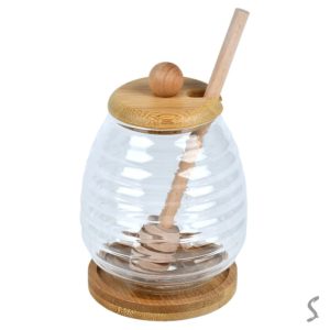 Банка для меду з ложкою на бамбуковій підставці 400мл.  9*9*13см, R99463