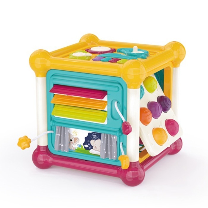 Гра 3860 куб, рухливі деталі, фігури-брязкальця, м'які кнопки/Pop it, муз., бат., кор., 18-18-18 см.