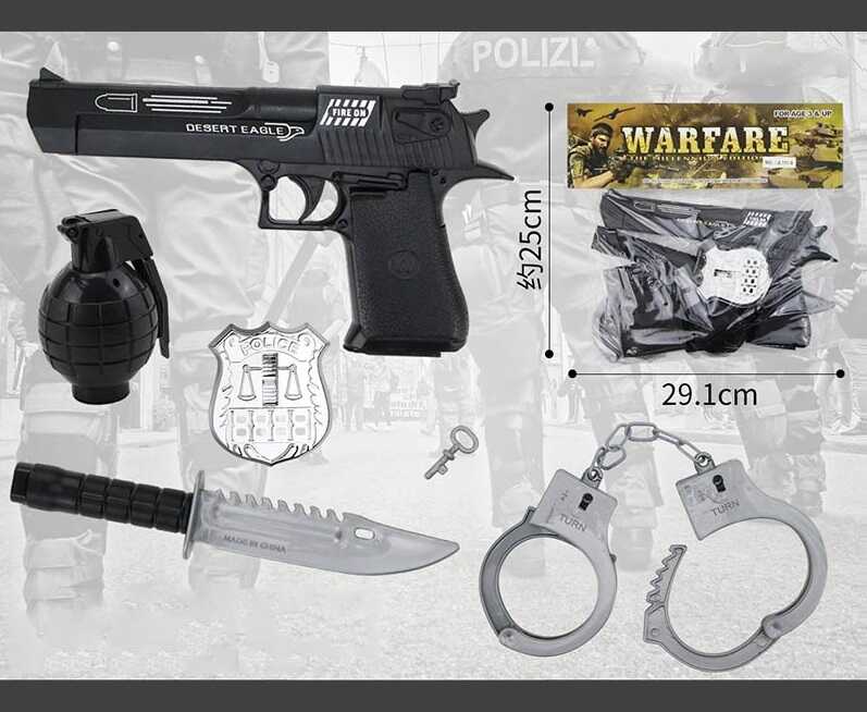 Фотография 1 товарной позиции интернет-магазина детских игрушек www.smarttoys.com.ua Поліцейський набір JL 111-9 (96/2) звук, підсвічування, пістолет, ніж, наручники, граната, жетон, посвідчення, у пакеті