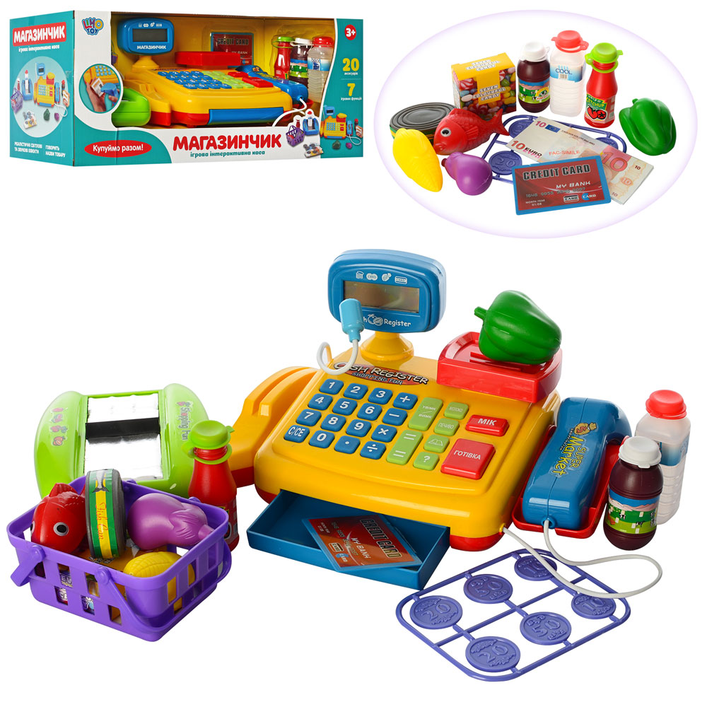 Касовий апарат 7018-UA 25см, калькулятор,мікрофон,сканер, ваги,звук(укр),світло,гроші,бат.,кор.