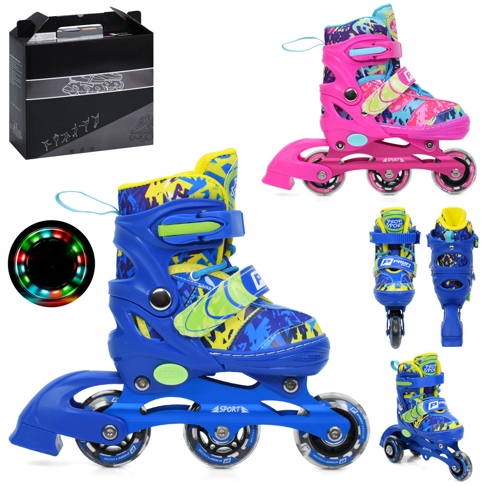 Ролики A4160-XS (6шт) розсувні, шнурівка+бакля, алюм.рама, 3 колеса ПВХ 61мм, 1світло, устілка 15см (+2,5см), комбо, 2 кольори, в кор-ці, 29-26-10,5см