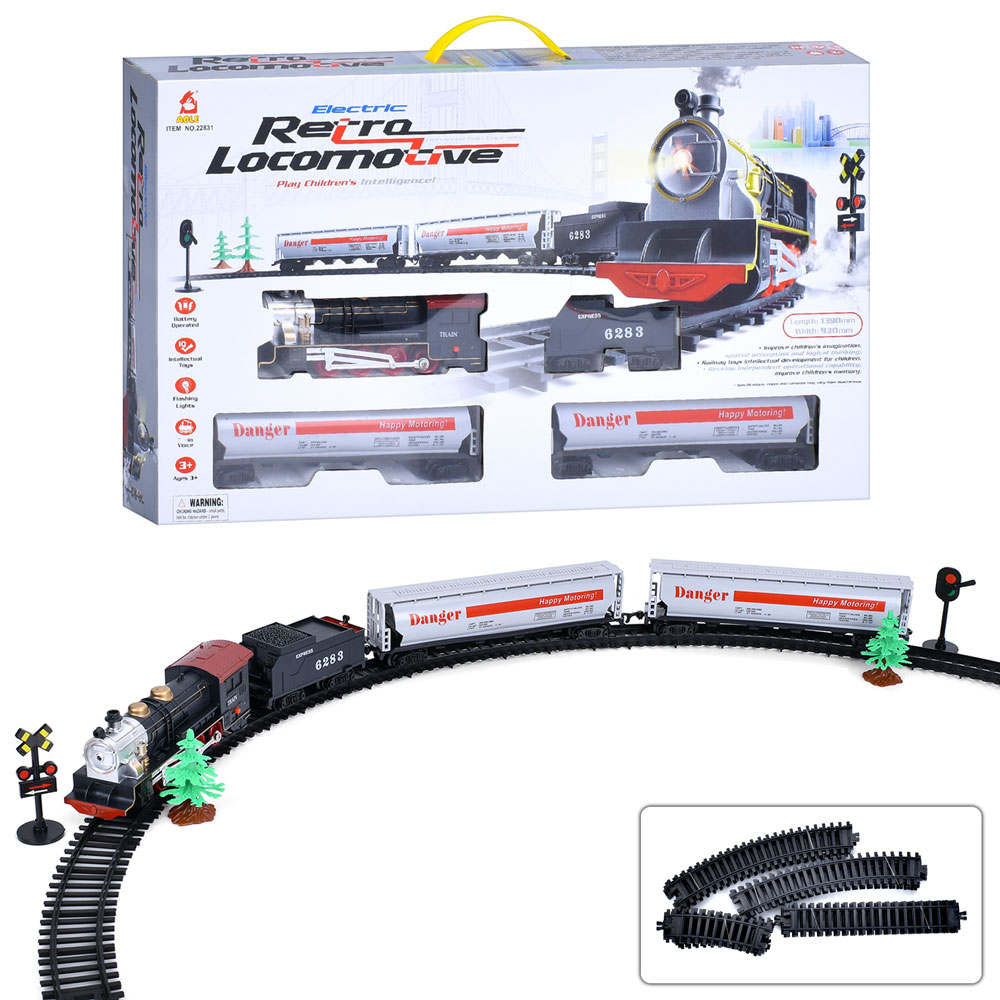 Залізниця 22831 139-93см/93-93см, локомотив, 3 вагони, муз., світло, бат., кор., 56,5-32,5-6,5 см.