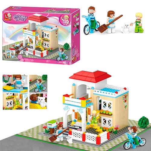 Конструктор SLUBAN M38-B0533 "Рожева мрія": заміський будинок, фігурки, кіт, велосипед, 380 дет.