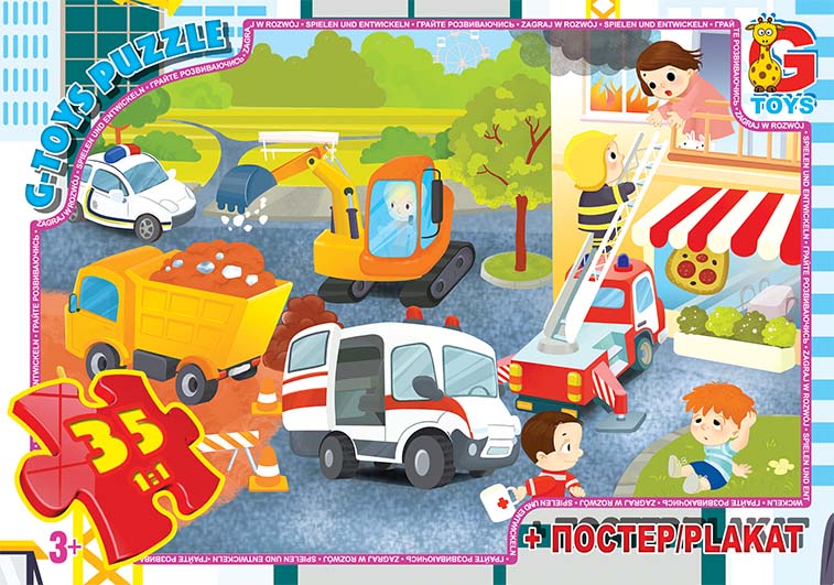 Пазл із серії "Вчимося з задоволенням: Аварійні служби". Цей пазл познайомить із професіями рятувальників, будівельників, лікарів і поліцейських. Арт. GF07