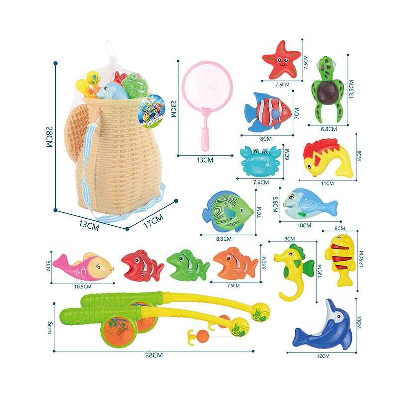 Фотография 1 товарной позиции интернет-магазина детских игрушек www.smarttoys.com.ua Риболовля 688 B-201 (48/2) кошик, 2 вудочки з тріскачками, 14 фігурок з магнітами та кільцями, сачок, в сітці