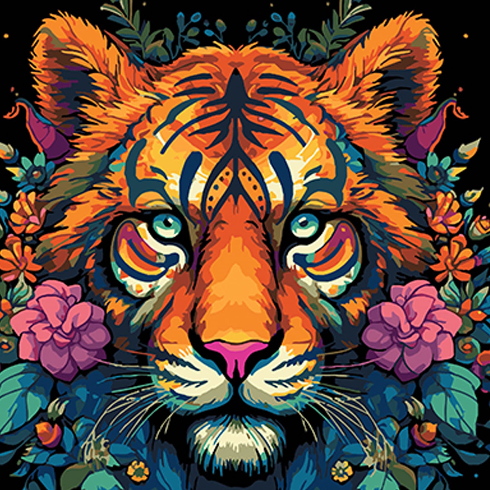 Картина за номерами Strateg ПРЕМІУМ Яскравий тигр на чорному фоні розміром 40х40 см (AV4040-78)