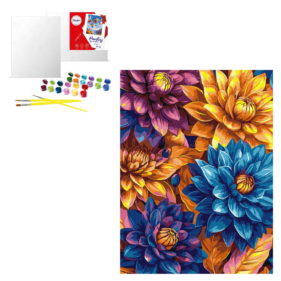 Набір для розпису по номерах "Яскраві жоржини з фарбами металік extra" 30х40см