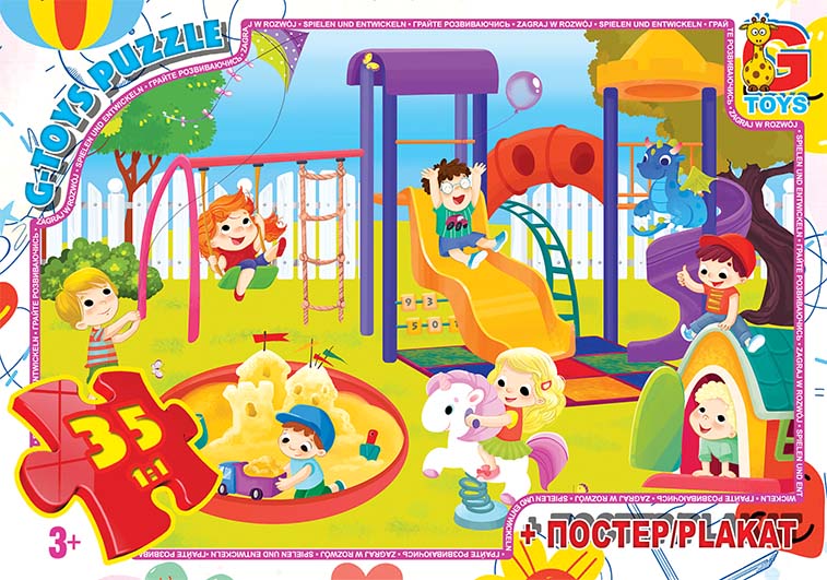 Пазл із серії "Вчимося з задоволенням: Ігровий майданчик". Цікавий пазл із веселою ілюстрацією дитячого ігрового майданчика, що передає атмосферу радості, руху та дружби. Арт. GF10