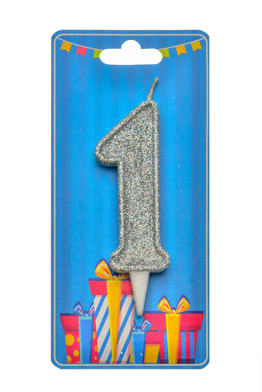 Свічка для торта  "Цифра 1" срібло блиск
