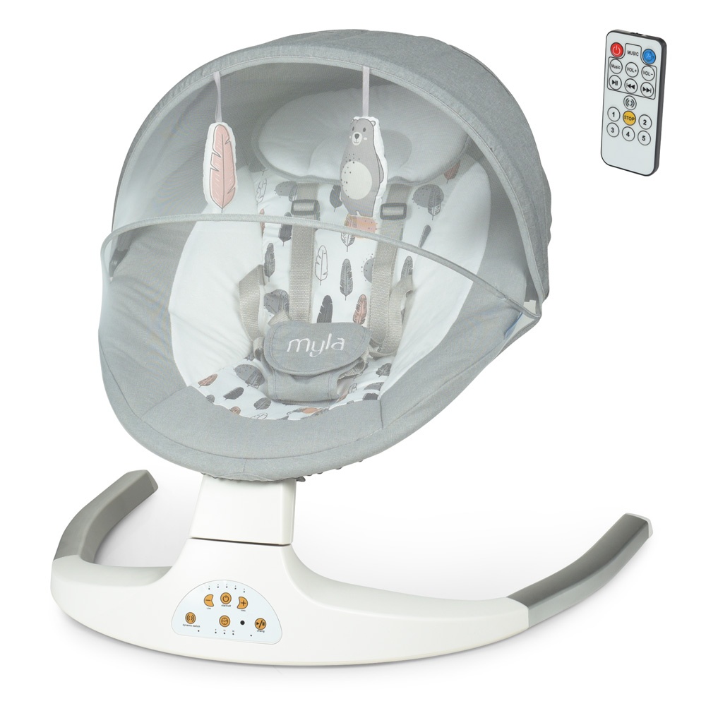Центр-гойдалка ME 1074 MYLA Soft Pink пульт,5швид.,таймер,12мелод.,Bluetooth,USB,2пол.,сірий+персик.