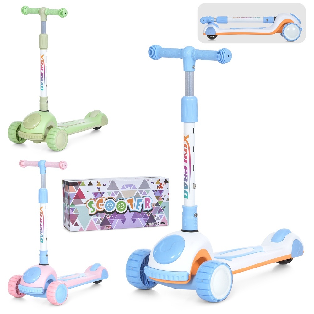 Самокат JR 3-122 Maxi-big,мет.+пласт.,3кол.ПУ,2пер.112мм,задн.75мм,підніжка,3кольори,муз.,світло,бат