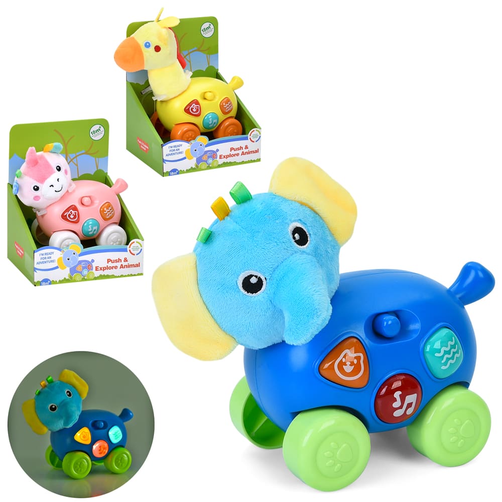 Музична іграшка 1953-1-2-6 тварина на колесах, голова плюш,3 види,муз.,світло,бат.,кор.,15-19-11,5см