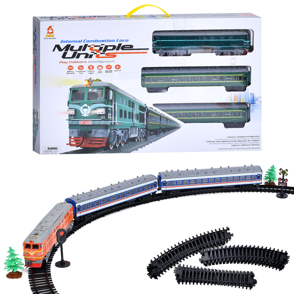 Залізниця 22914 локомотив, 2 вагони,  2 кольори, муз., світло, бат., кор., 56,5-32-7 см.