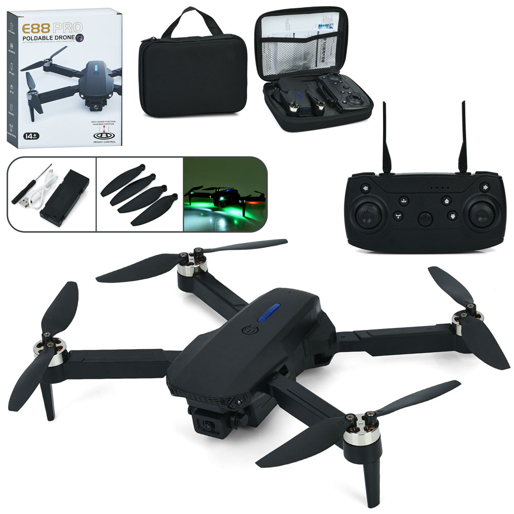 Квадрокоптер E88-4 радіок.2,4G,акум.,камера,складний,USB,запасні лопаті,чохол,світло,кор.,17,5-22-22