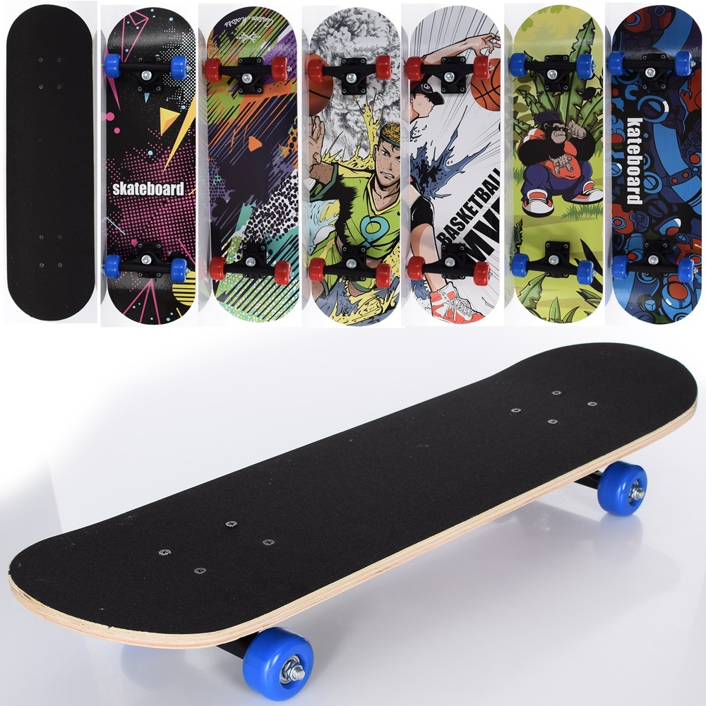 Скейт MS 0354-4 (наждак), пласт.підвіска, кол.ПВХ, 7 шарів, 6 видів, 608Z, розібр., кул., 70,5-20 см