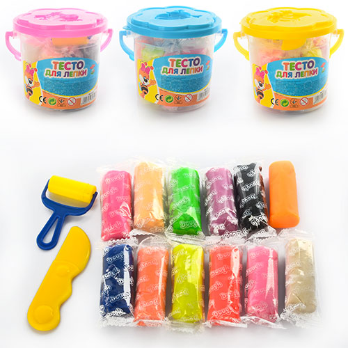 Тісто для ліплення MK 0233 12 кольорів, 3 формочки, інструменти, відро, 9,5-9 см