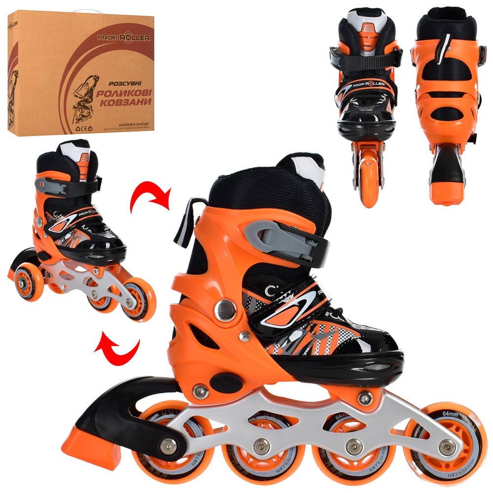 Ролики A 4143-XS-OR (27-30) розсув., шнур.+бакля, ал.рама, кол.ПУ64мм, 1-світ., комбо,помаранч.,кор.