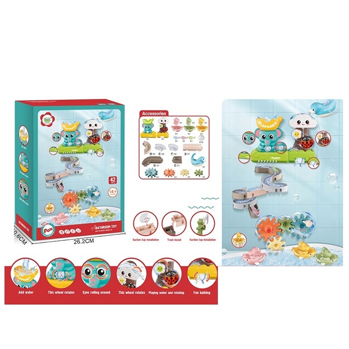 Гра для купання 6688-918 (8шт) водоспад, слон, хмаринка, лабіринт, присоски, динозаври, морські мешканці, 42дет, в кор-ці, 26-36,5-10,5см