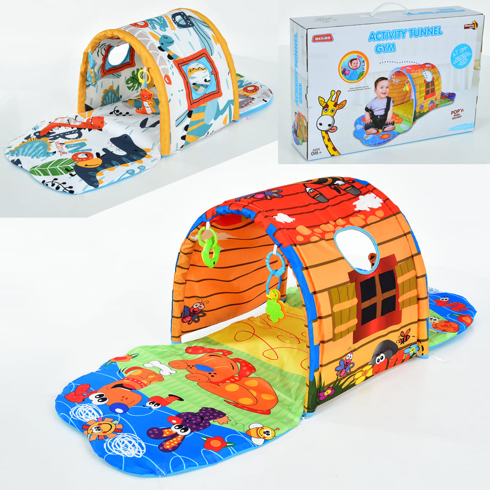 Килимок для немовляти 023-62-62D 2 дуги+тунель, м'які підвіски 4 шт., 2 види, кор., 57-38-14 см.