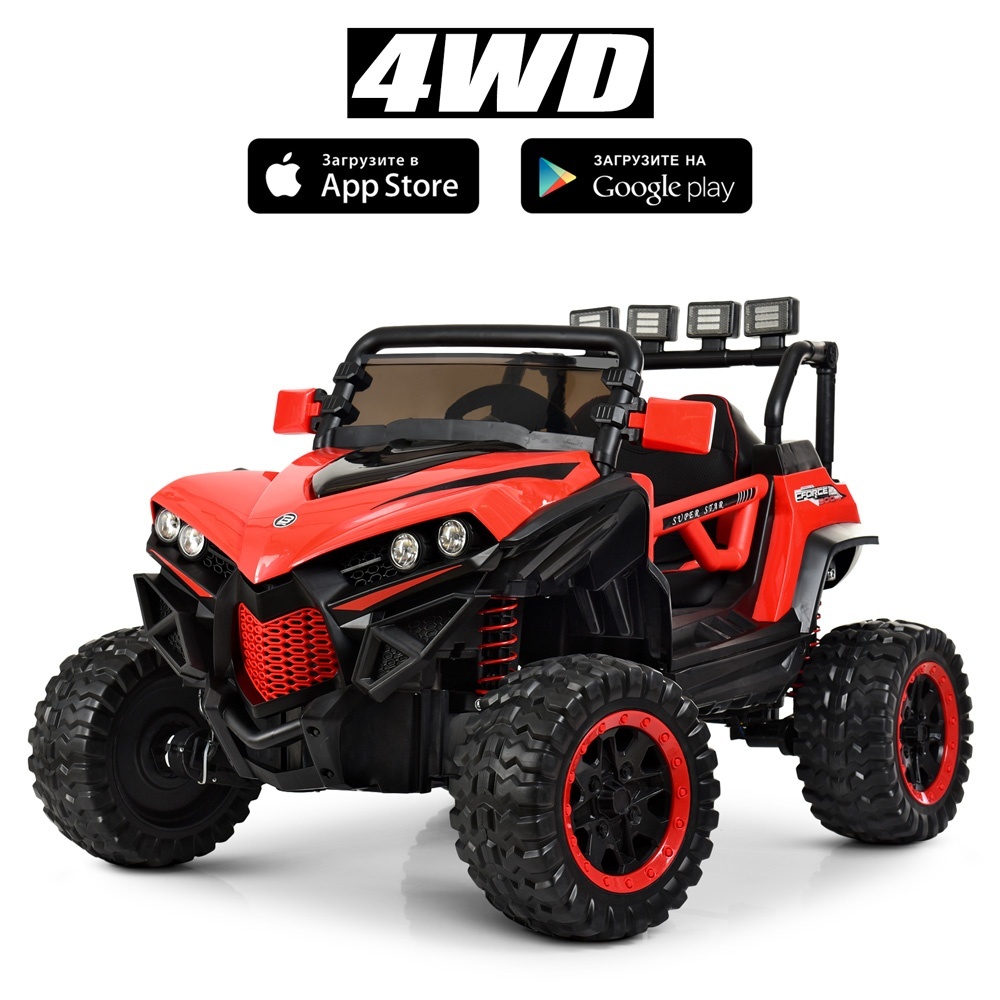 Джип M 3804EBLR-3 радіокер. 2,4G, 4 мот., акум.12V10A, шкір. сид., кол. EVA, USB, MP3, SD, червоний