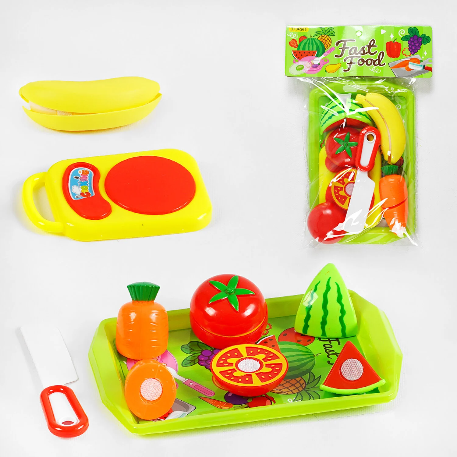 Фотография 1 товарной позиции интернет-магазина детских игрушек www.smarttoys.com.ua Набір овочів M 105 (360/2) на липучках, таця, ніж, фрукти, у пакеті