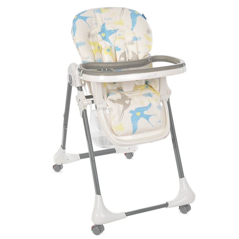 Стiлець M 3233L Freedom для годування, 5 точ. ремені, столик висувний, 4 колеса, пташки, білий.