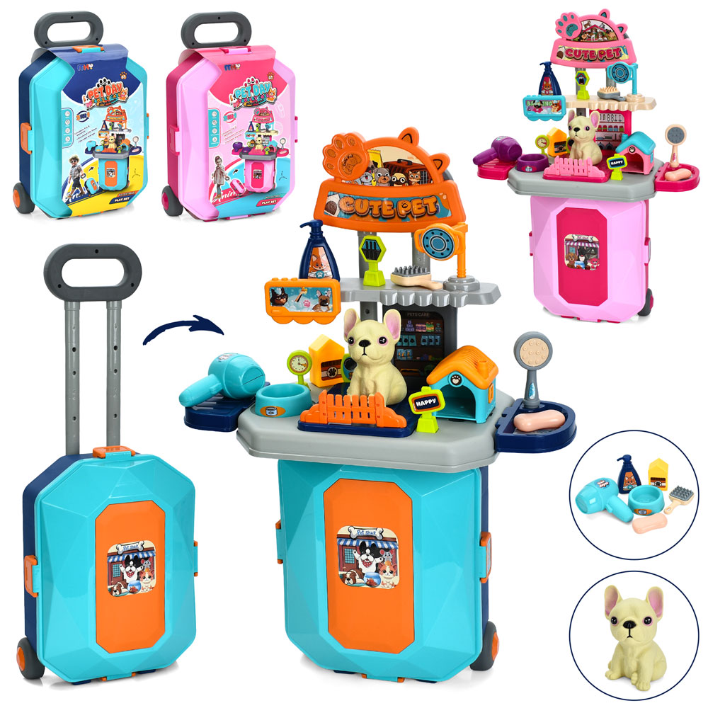 Набір гральний «грумер» D57994-A стіл 46-24-66см,склад. в чемодан(ручка,2 колеса),фен, гребін.,аксес