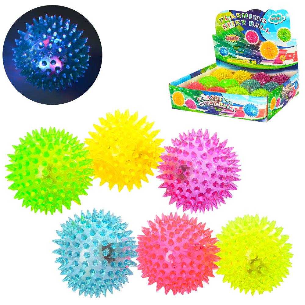 М'яч масажний MS 1137-2 пискавка, 12 шт. (6 кольорів) в диспл., світло, бат. (табл.),  31-22,5-8 см.