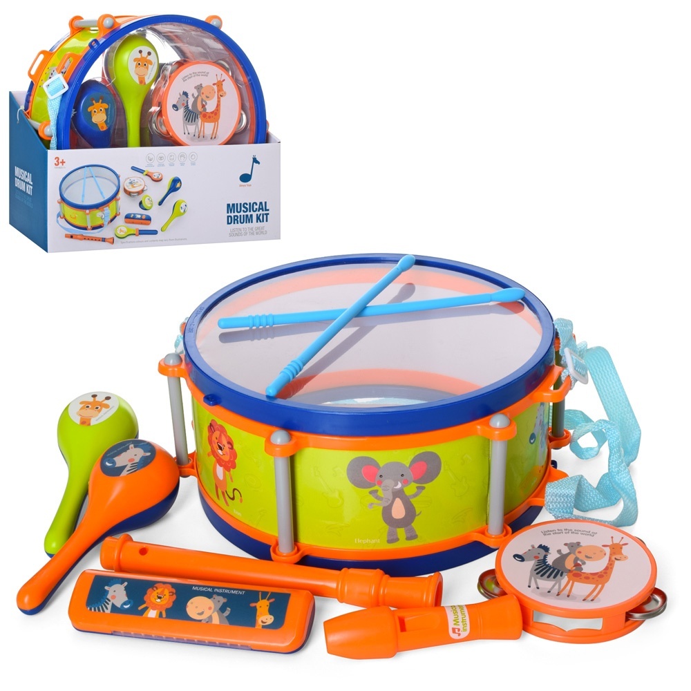 Музичні інструменти 5805E барабан, маракас, бубен, гармошка, дудка, кор., 28,5-25-13 см.