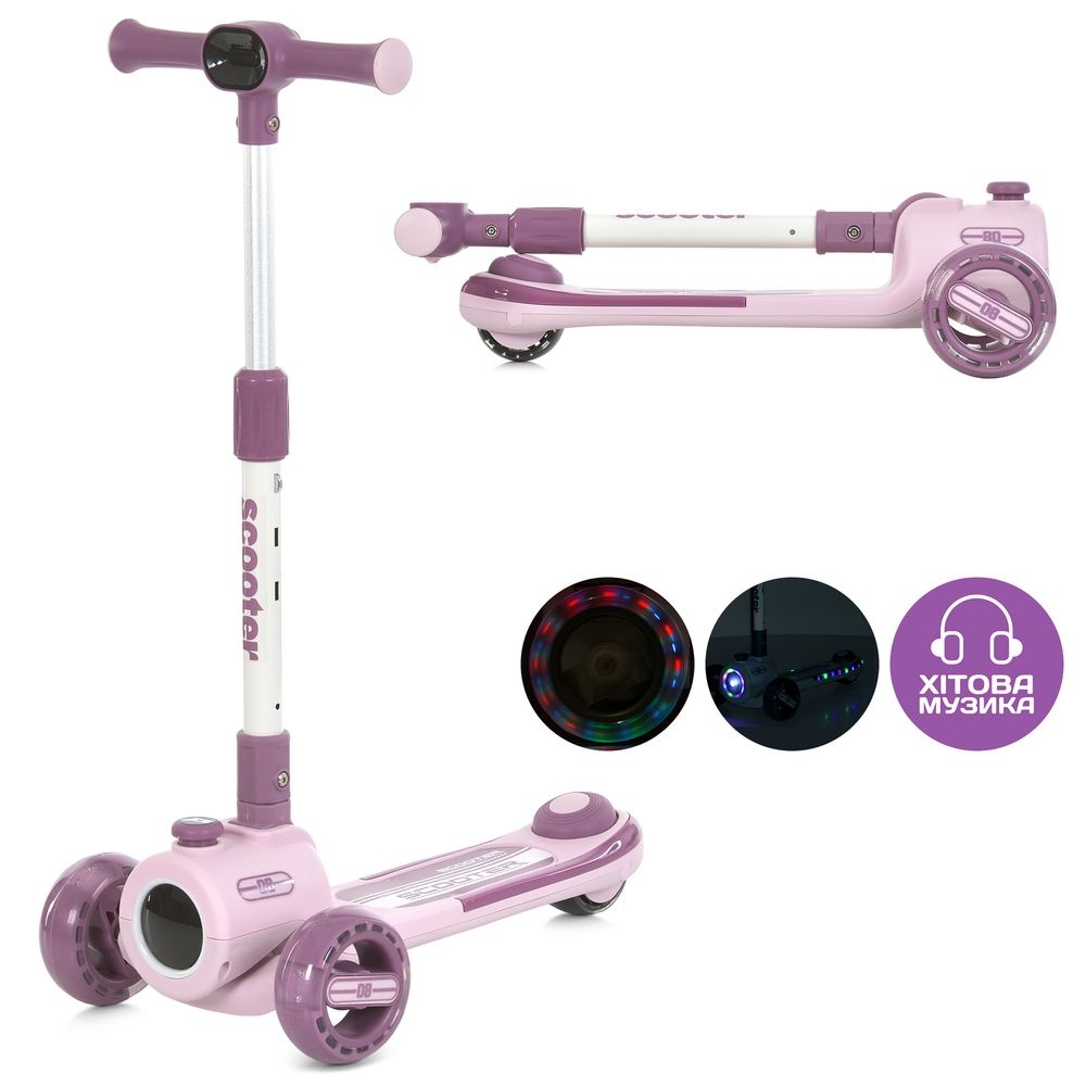Самокат JR3-135-P метал+пластик,3 колеса ПУ,2передніх 125мм,1 заднє 90мм,світло,муз.,підніжка,бат.,