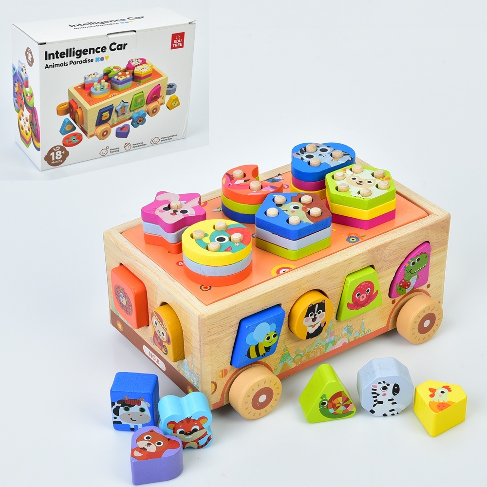Дерев'яна іграшка Центр розвиваючий MD 0892 машина,сортер,фігури 12шт.,геометрика,принт-тварини,кор.