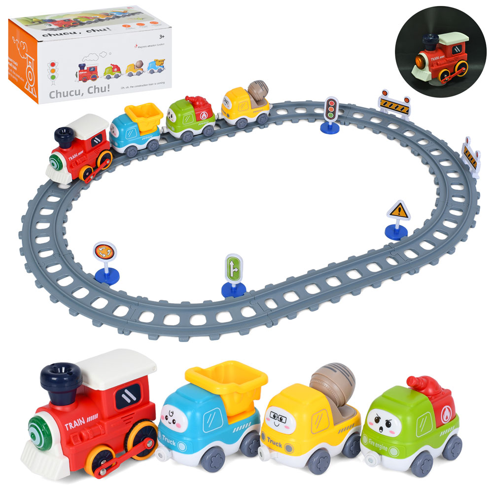 Залізниця YE-301 локомотив(муз.,пара/дим,світло,їздить),вагон-будтехніка 3шт,магнітні кріплення,бат.