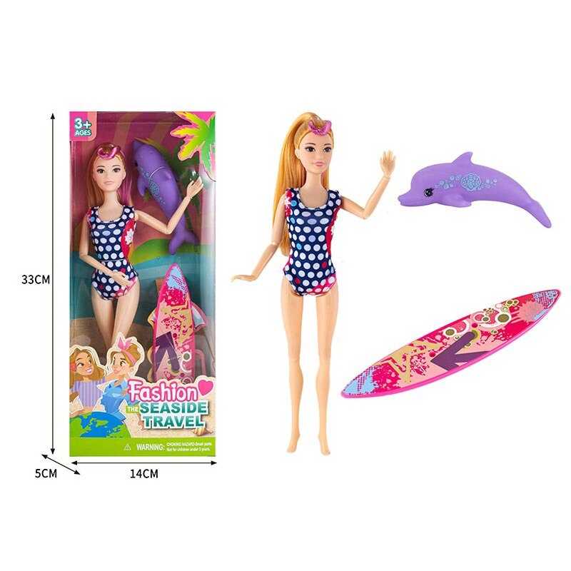 Фотография 1 товарной позиции интернет-магазина детских игрушек www.smarttoys.com.ua Лялька ST 55669-2 (120/2) висота 30 см, дошка для серфінгу, дельфін, в коробці